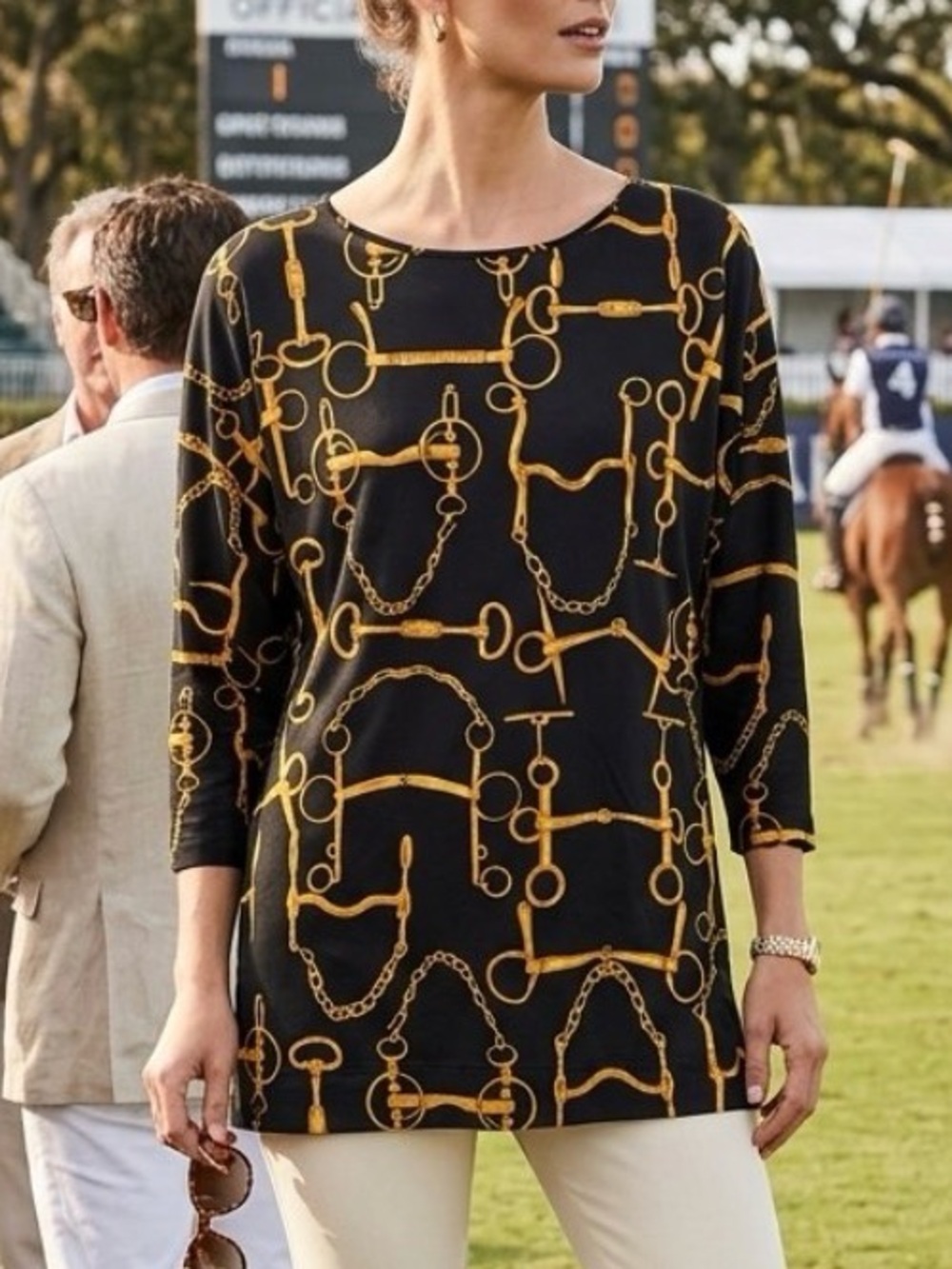 GUCCI Black Tunic with Gold Equestrian Chain Print